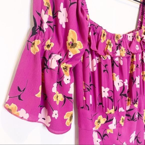 Flynn Skye Berry Floral Kiss Off Shoulder Short Smocked Sleeve Maxi Dress Small - Picture 5 of 10